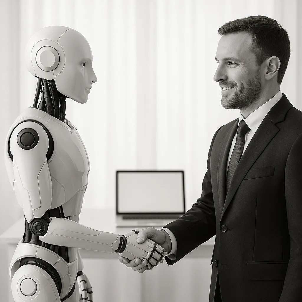 人とAIが握手する様子